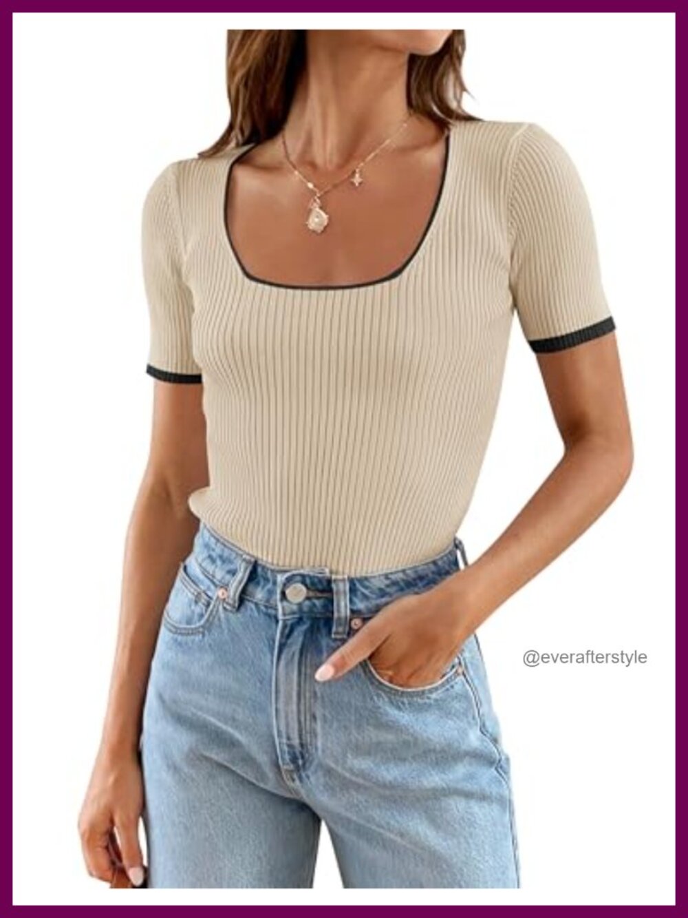 Women's Ribbed Knit Square Neck Short Sleeve Crop Top Slim Fit Casual